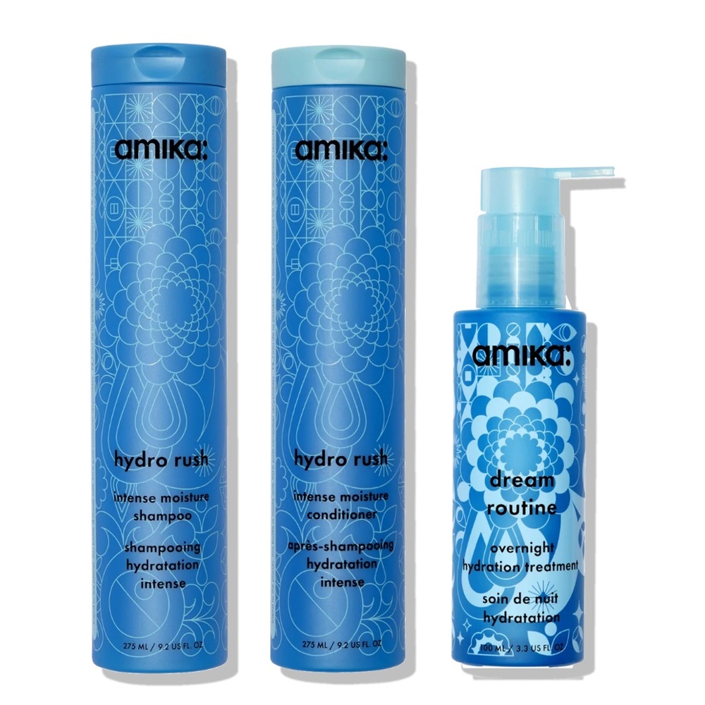 Amika Blue Hydro Rush Shampoo and Conditioner Set plus Dream Routine